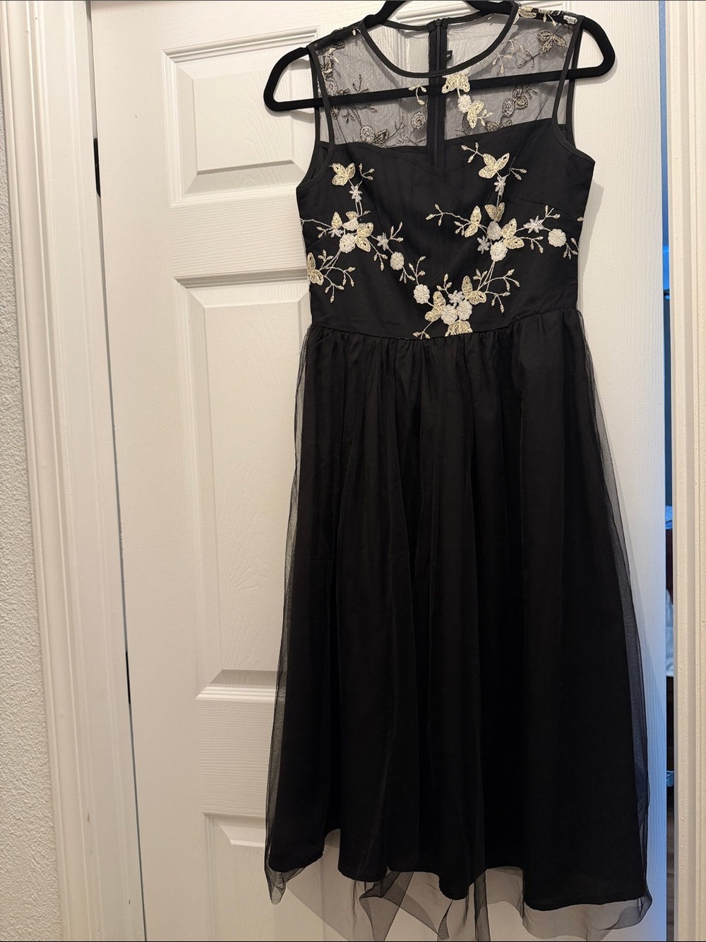 Black Tulle Midi Dress with Cream Floral Embroidery